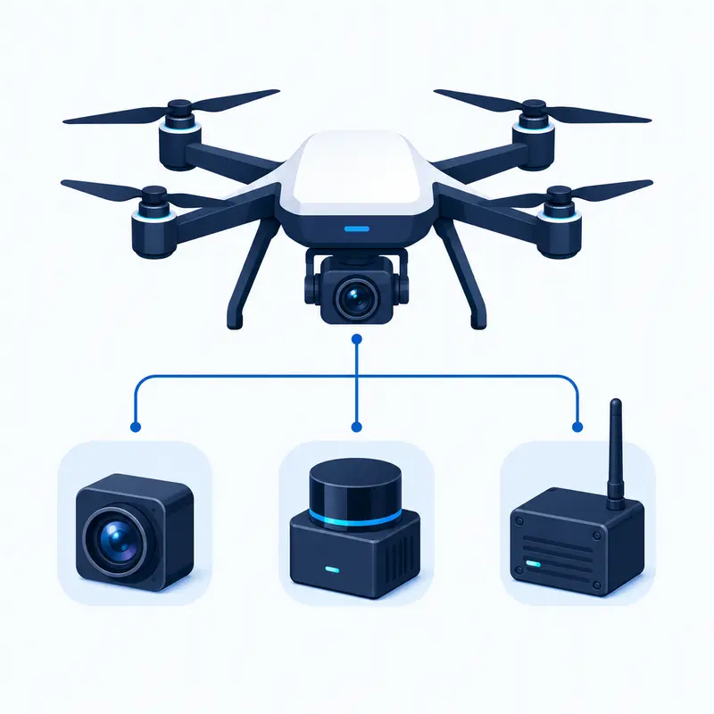 産業用ドローンとカメラ・LiDAR・通信機器の構成アイコン