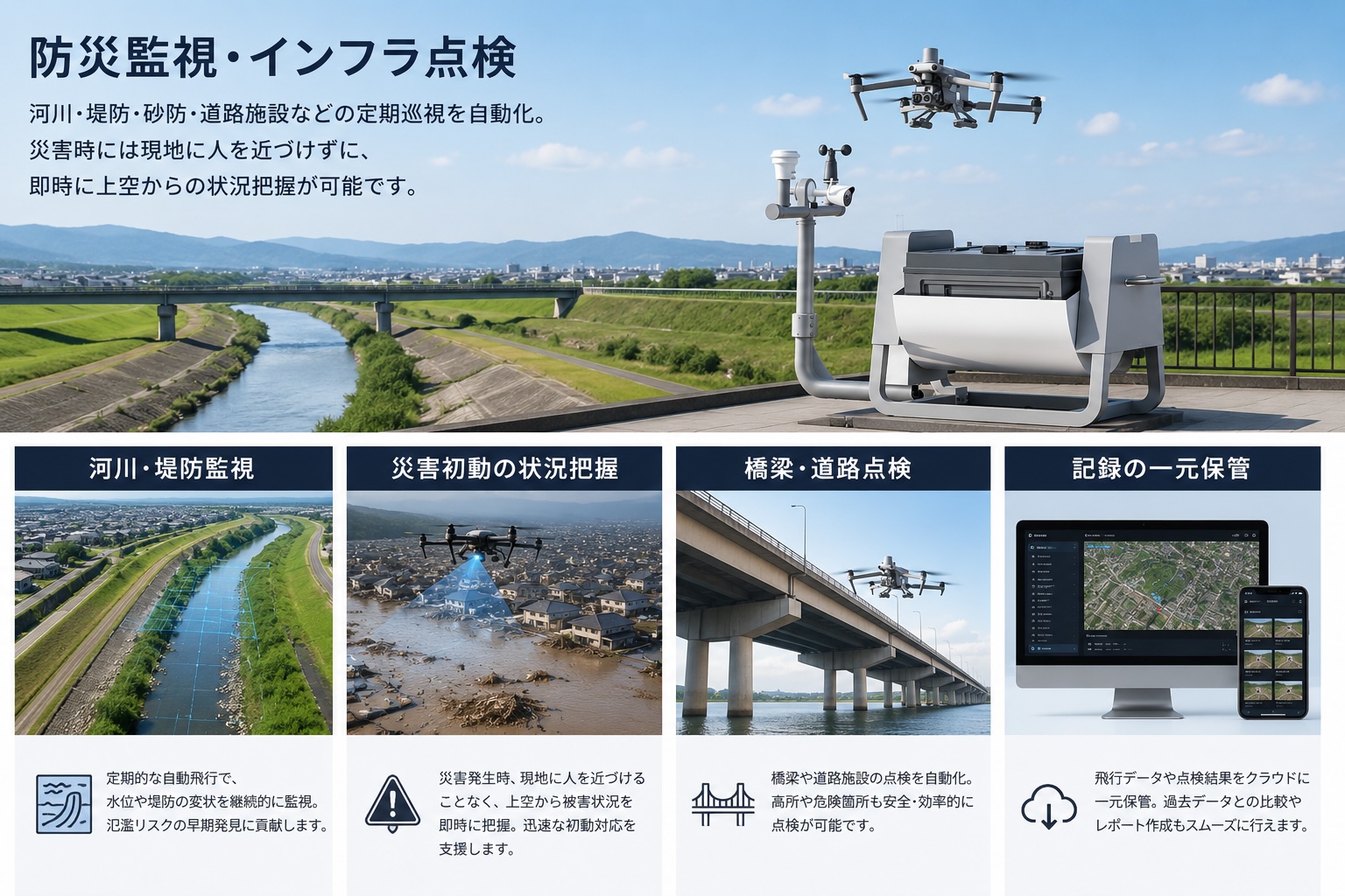 防災監視・インフラ点検 ─ 河川・堤防・砂防・道路施設などの定期巡視を自動化。災害時には現地に人を近づけずに、即時に上空からの状況把握が可能です。（河川・堤防監視／災害初動の状況把握／橋梁・道路点検／記録の一元保管）
