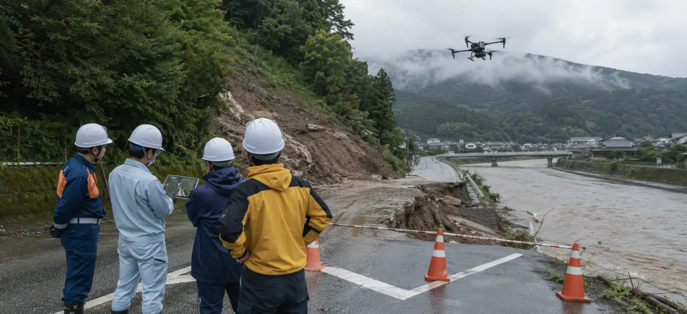 豪雨災害後の河川と道路を調査する産業用ドローン