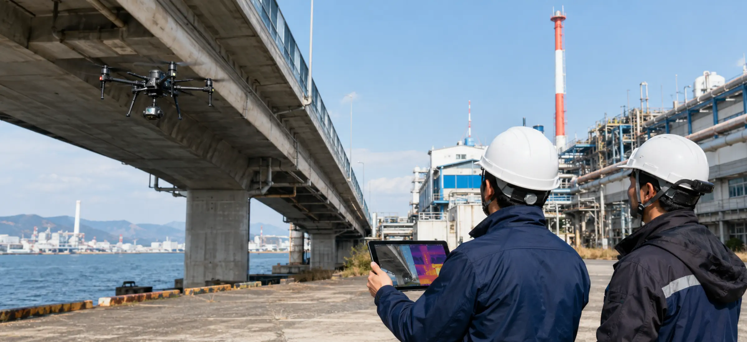 橋梁・プラントを点検する産業用ドローンと作業員