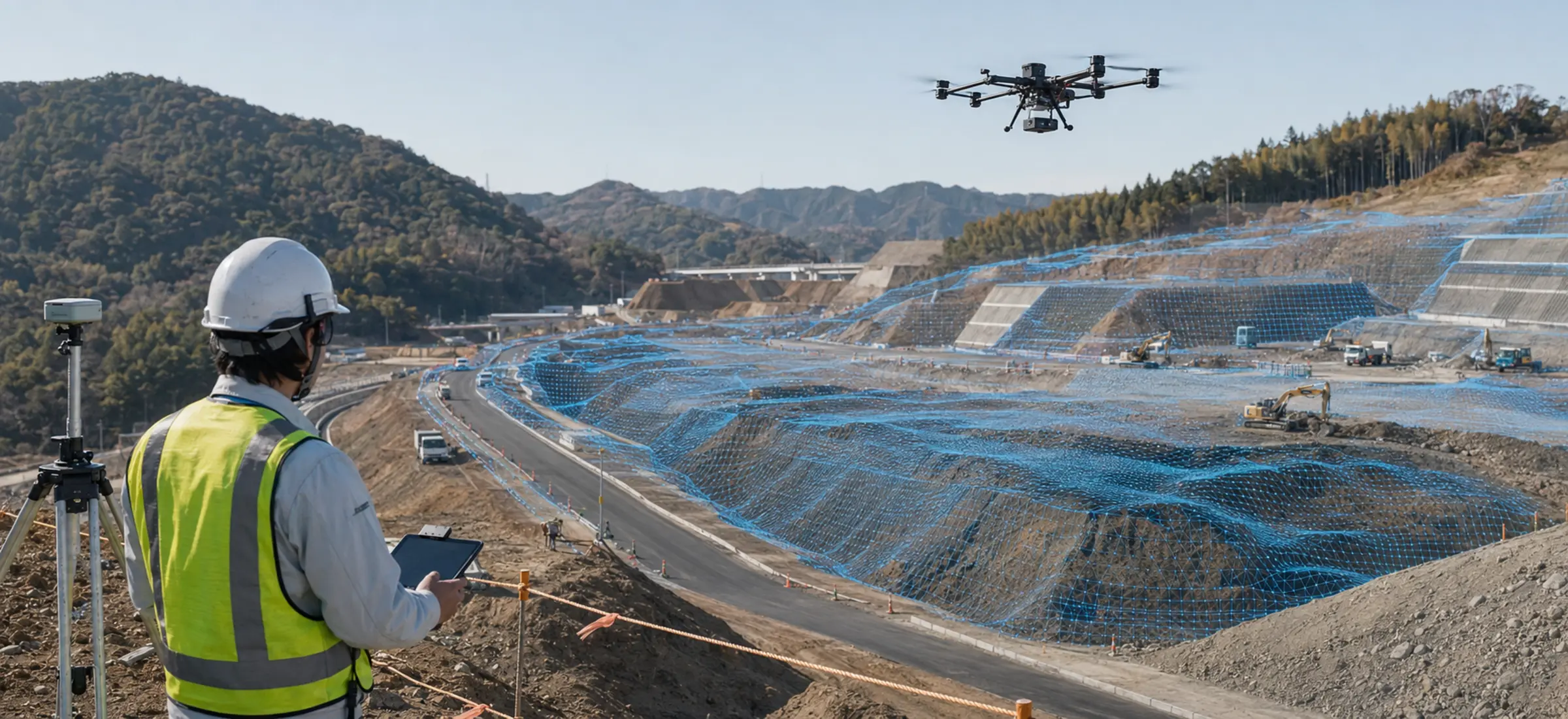道路工事現場を3D計測する産業用ドローンと測量技術者