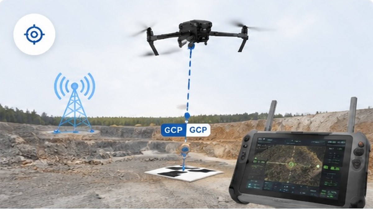 GCP(標定点)を設置した現場でDJI RTKドローンが測量する様子