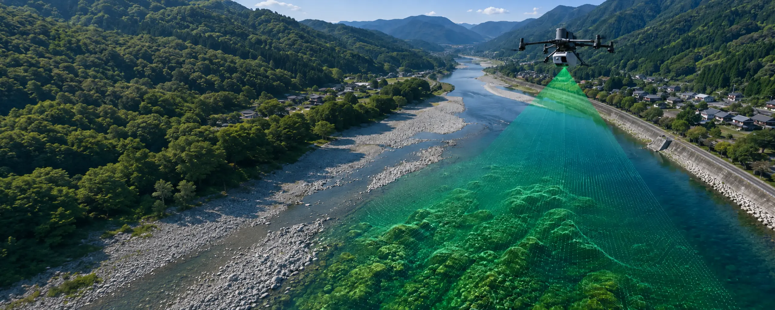 TDOT7 Green Liteによる河川・浅水域のグリーンレーザー測量イメージ