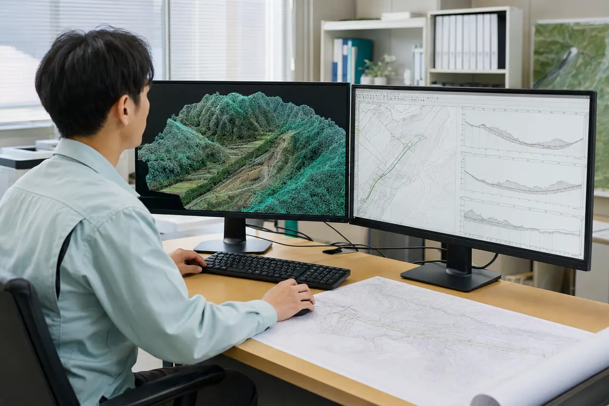 取得した点群を等高線や縦横断図へ図化するイメージ