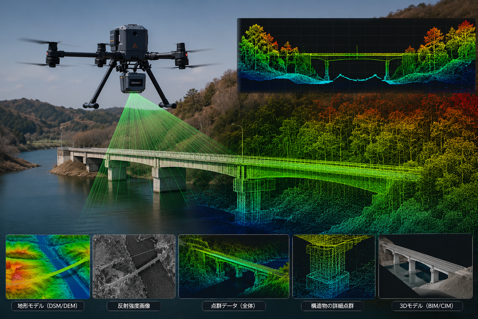 橋梁を点群化するUAV LiDARと成果物のイメージ