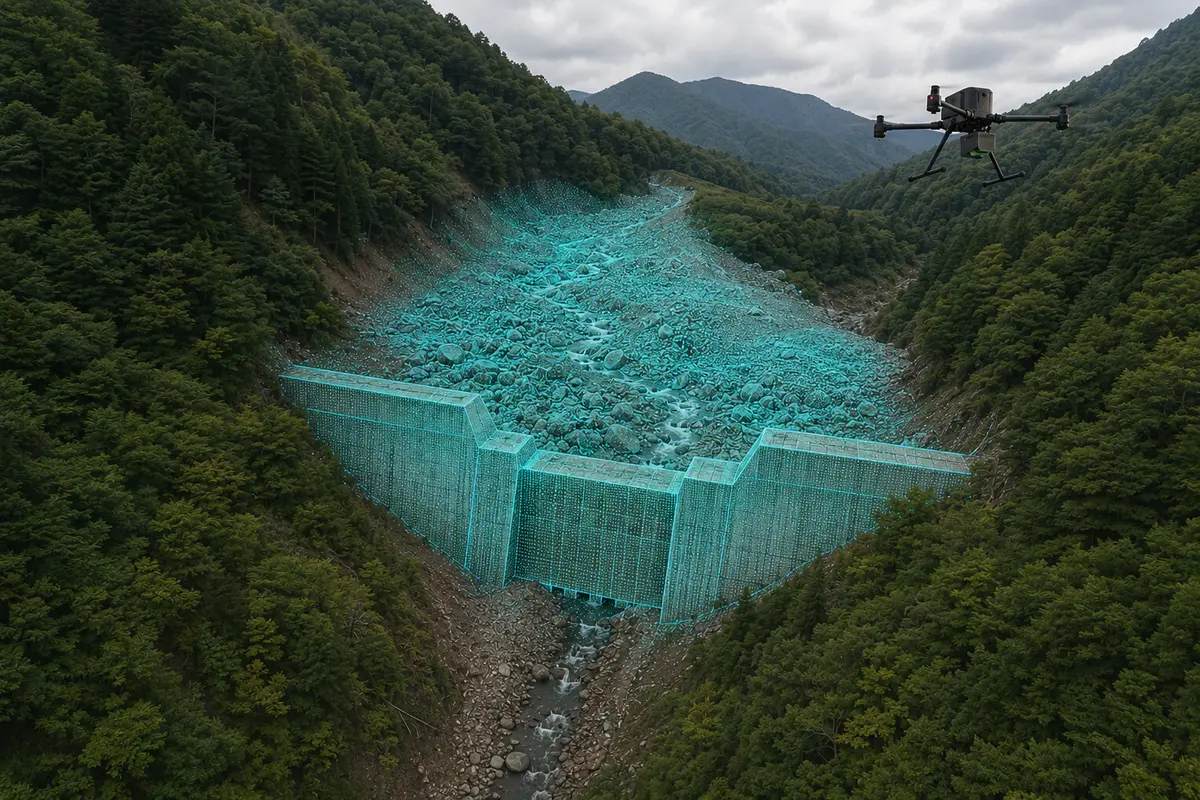 砂防ダム本体と上流側の堆積土砂をUAVレーザーで計測するイメージ