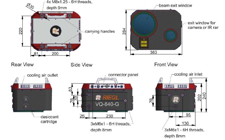 VQ-840-Gの外形寸法図（Top / Bottom / Rear / Side / Front View）