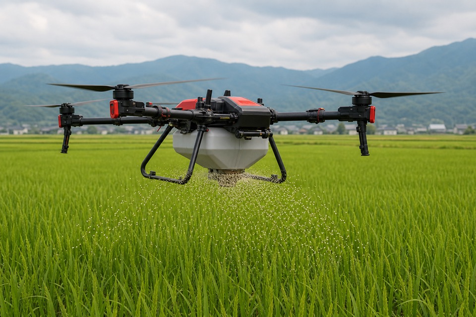 水田で粒剤肥料を散布するXAG P100 Pro農業用ドローン