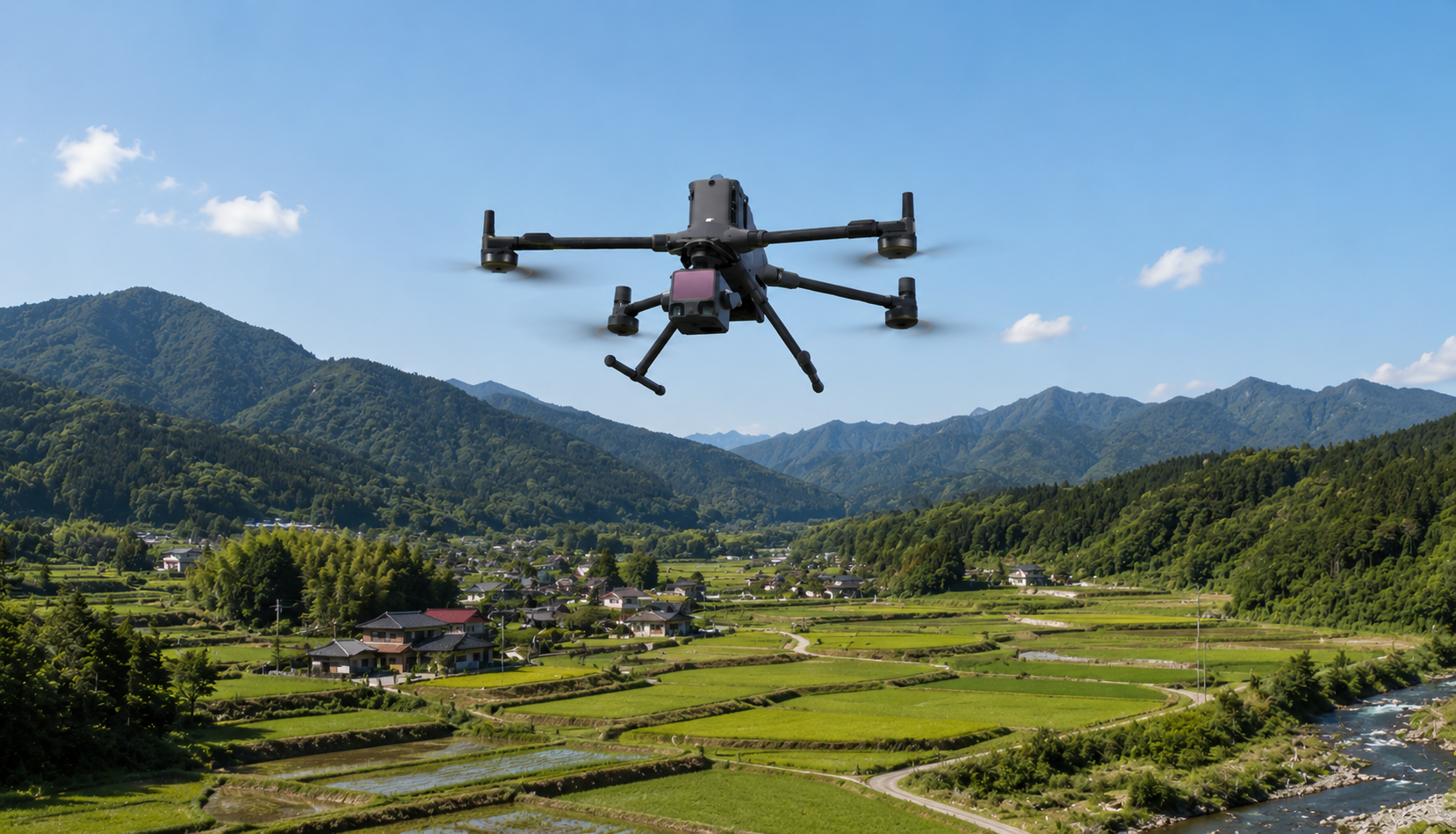 水田地帯の上空を飛行するDJI製ドローン搭載のLiDARセンサー