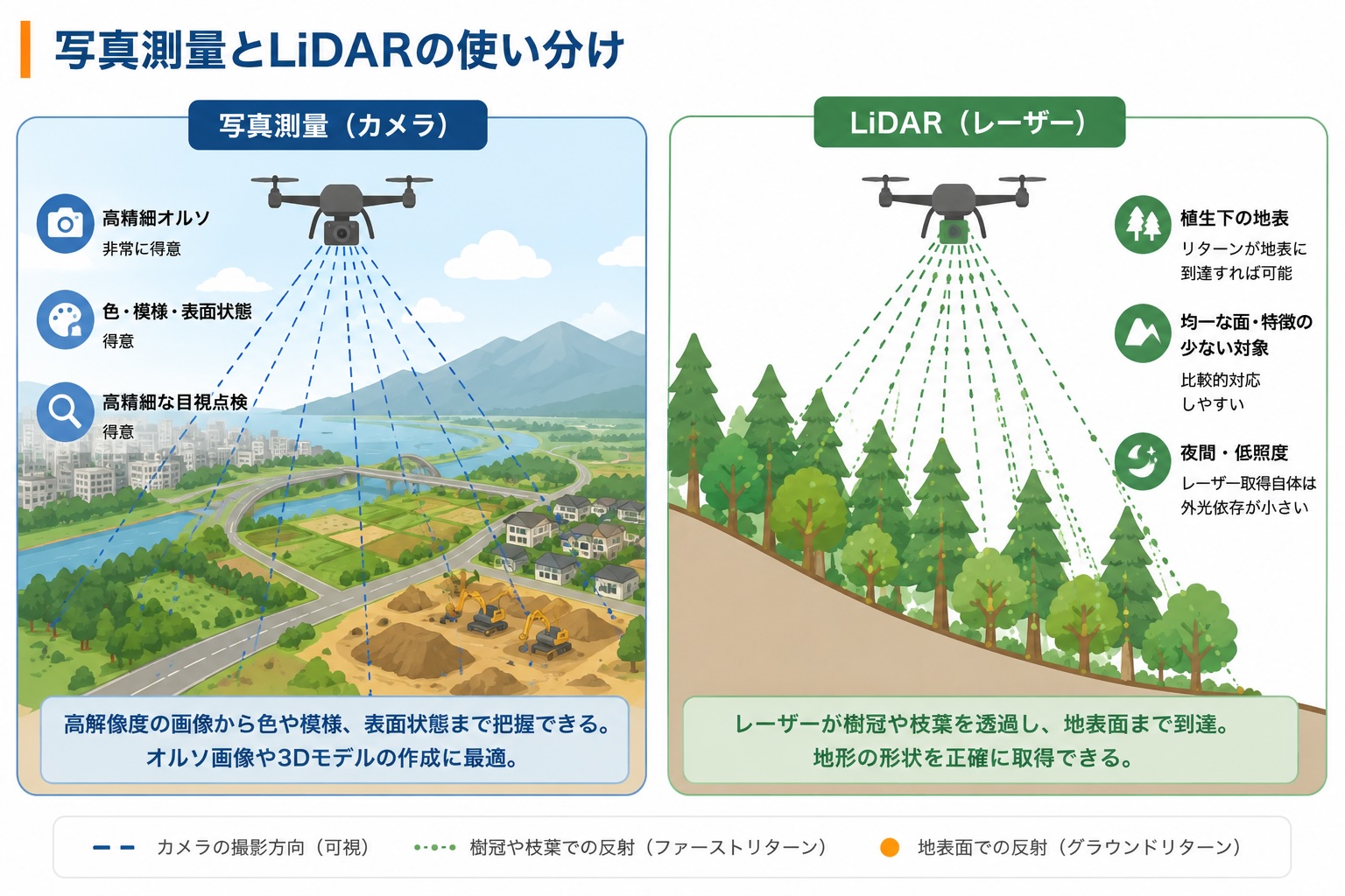 写真測量とレーザー測量の違いを示すイメージ