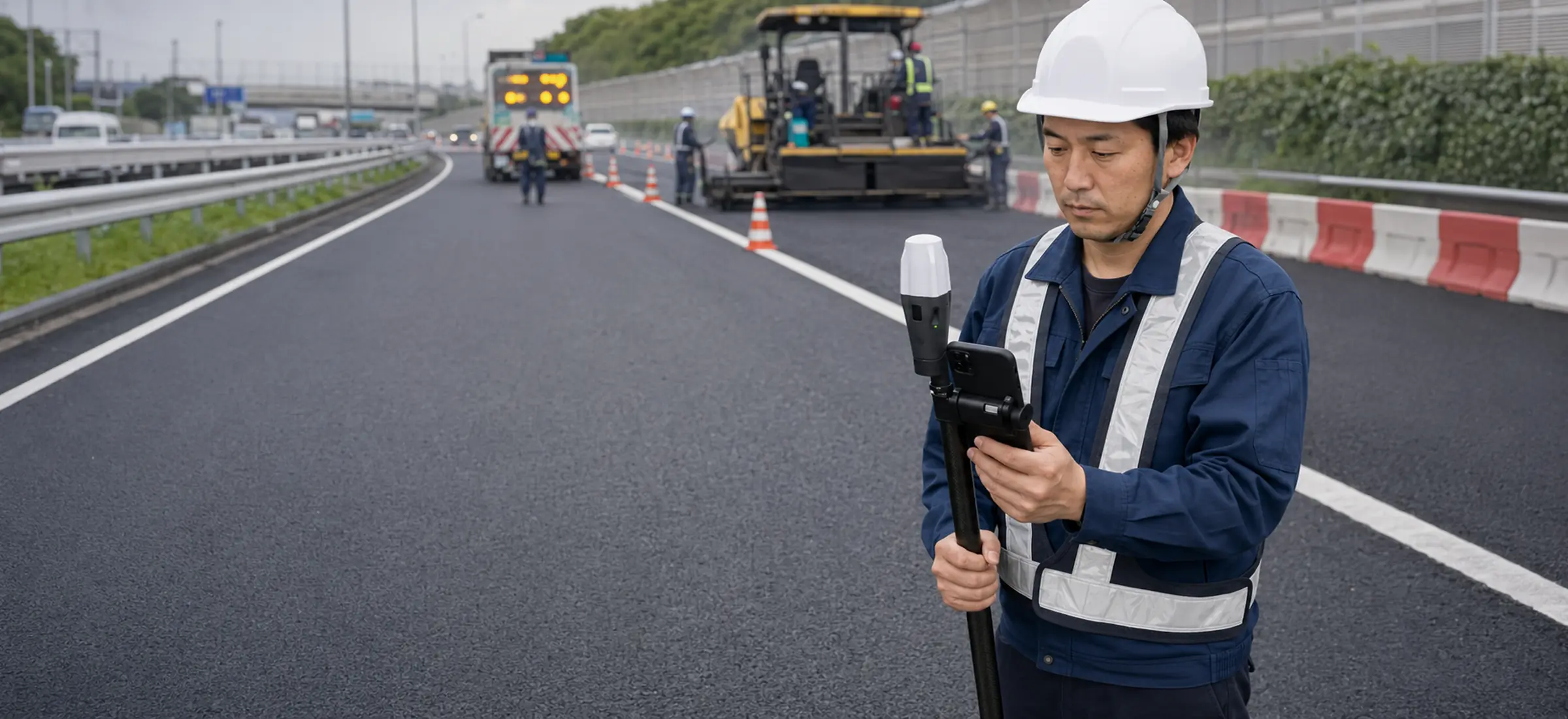 高速道路の舗装補修現場でスマートフォンとRTK GNSS受信機を使い舗装範囲を計測する作業員