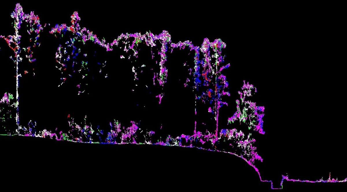 同じ断面から地表付近の点だけを抽出した結果。植生を除いても地形の形状が残っている