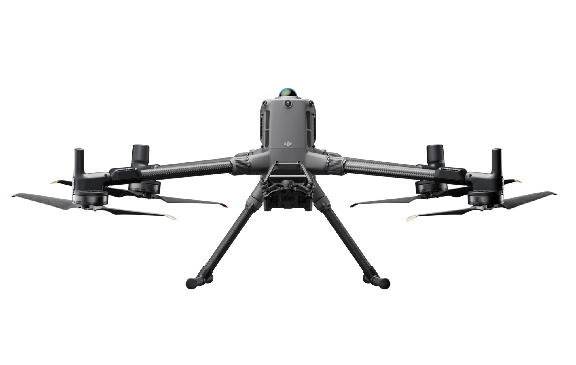 DJI Matrice 400 の機体正面。下部デュアルジンバルと上部の第3ジンバルコネクターに複数のペイロードを搭載できる