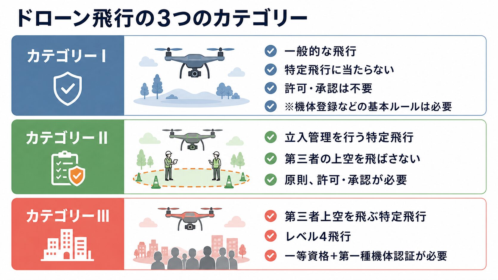 ドローン飛行カテゴリーI・II・IIIの違いを示す図