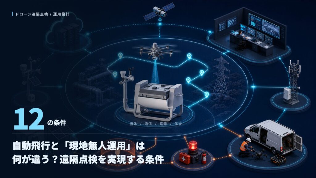 ドローンポートを中心に通信・電源・保守を可視化した遠隔点検の運用設計イメージ