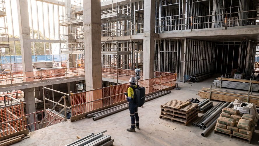 Emesent GX1 をバックパックで運用し、建設中の建物内部を計測している様子