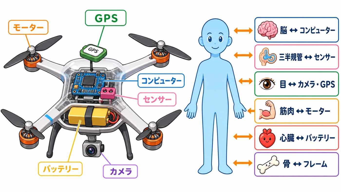 ドローンの内部部品（モーター・GPS・コンピューター・センサー・バッテリー・カメラ）の配置と、人間の脳・三半規管・目・筋肉・心臓・骨との対応図