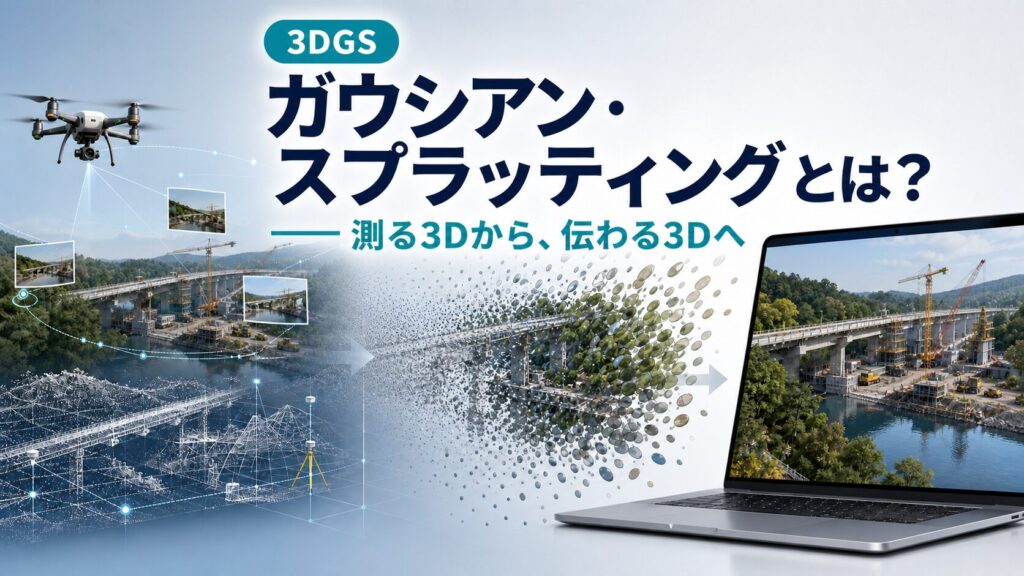 ドローン撮影から点群・ガウシアン楕円体を経て、写実的な3D表示へ変換する3DGSのイメージ図