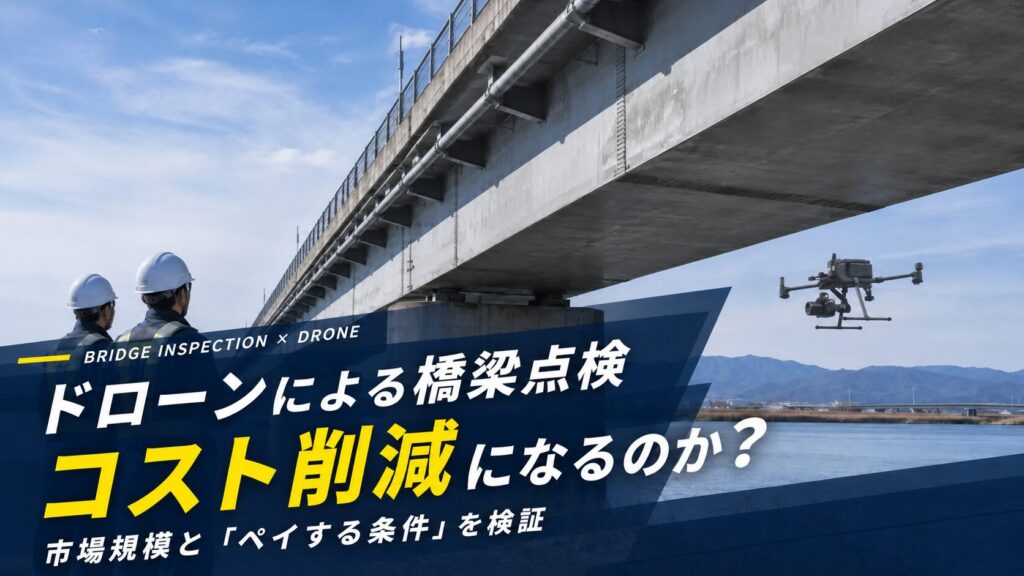橋梁の床版下面を飛行する点検用ドローンと現場技術者。ドローンによる橋梁点検のコスト削減条件を解説