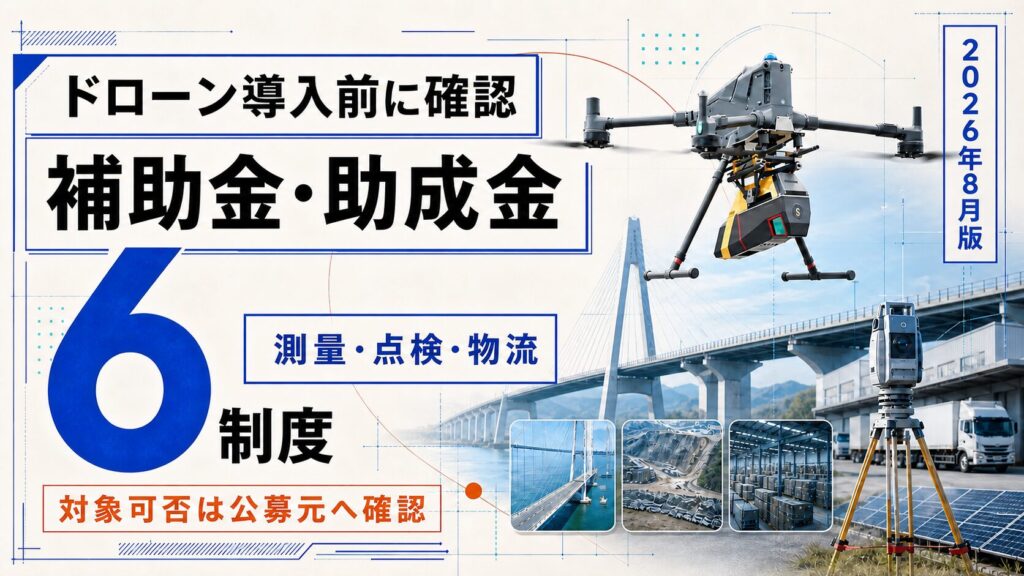 ドローン導入前に確認したい補助金・助成金6制度を、測量・点検・物流の用途別に示した2026年8月版サムネイル