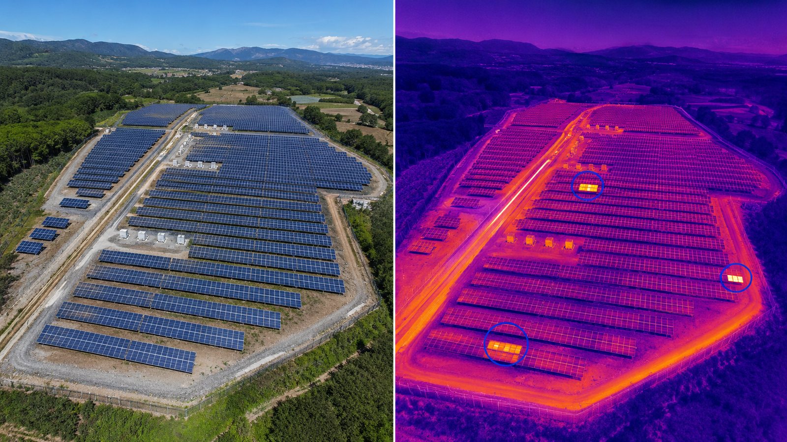 太陽光発電所の可視画像と熱赤外画像の比較