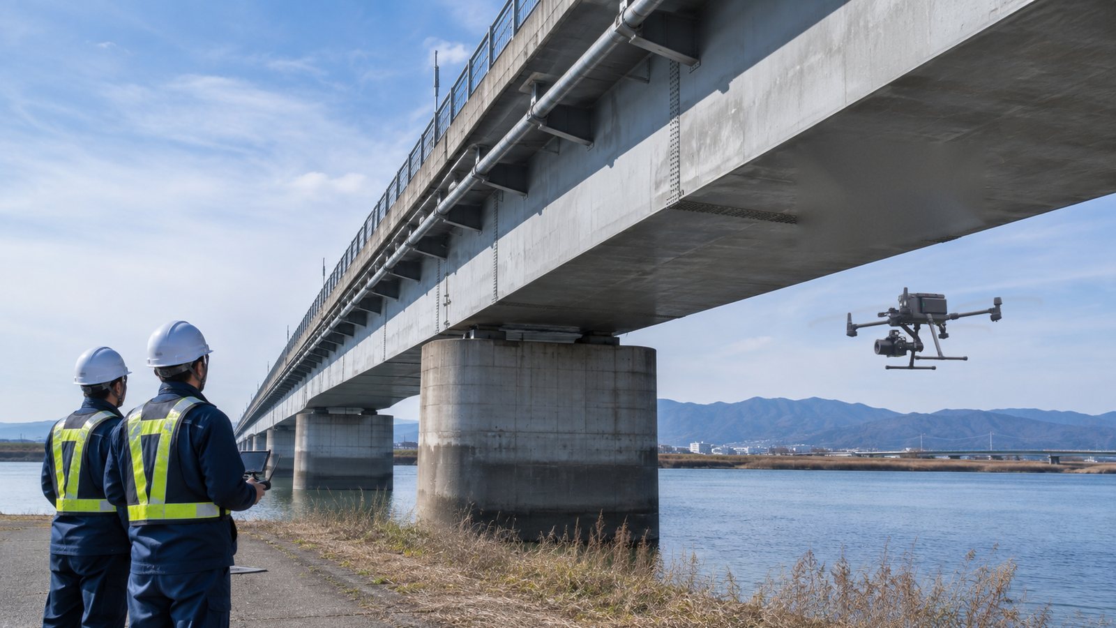橋梁の桁下でドローンを飛行させる点検作業員