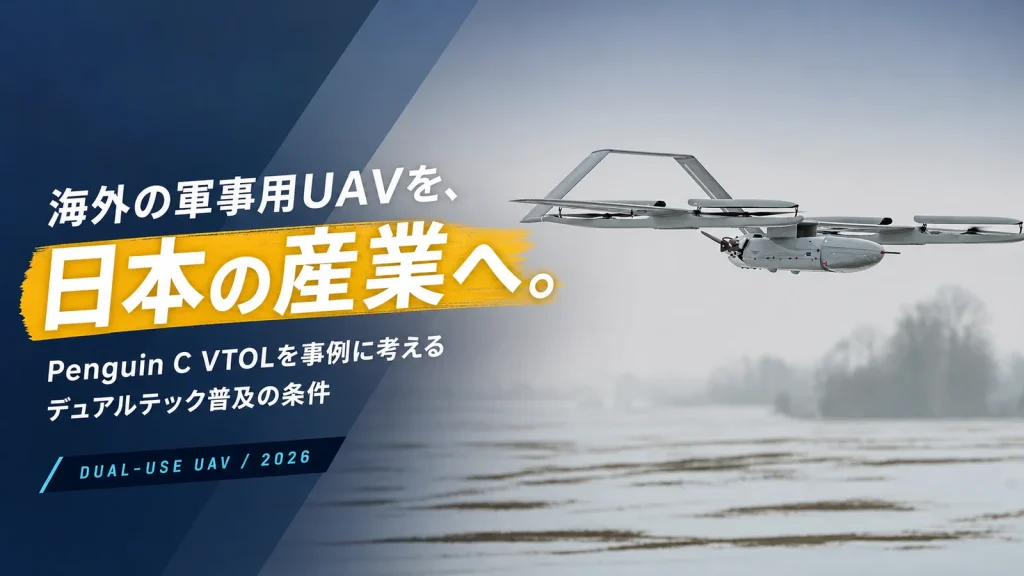 飛行するPenguin C VTOLと「海外の軍事用UAVを、日本の産業へ。」のタイトル
