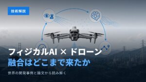 フィジカルAIとドローンの融合を、認識・推論・行動・再計画の循環で示すヒーロー画像