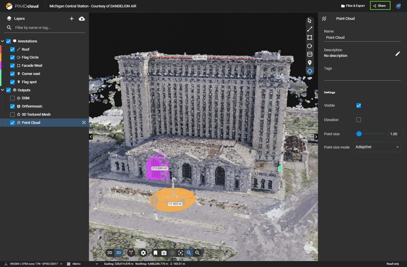 PIX4Dcloudの3D成果物画面