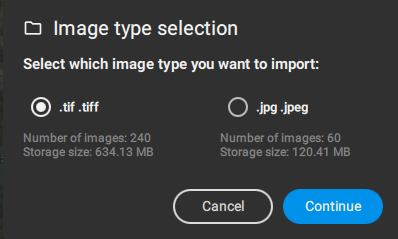 PIX4Dfieldsの画像種類選択と処理設定画面