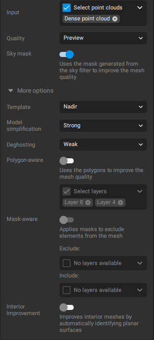 PIX4Dmaticの3Dメッシュ生成設定画面