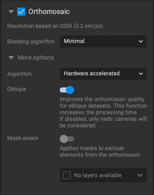 PIX4Dmaticのオルソモザイク生成設定画面