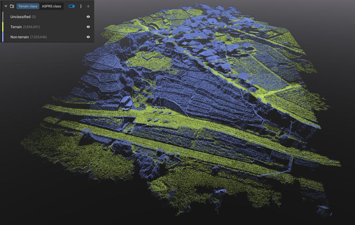 PIX4Dmaticで点群を地形・非地形に分類した実画面