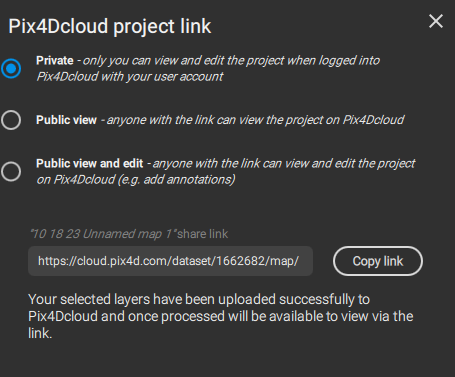 PIX4Dreactから成果物を共有するPIX4Dcloud画面