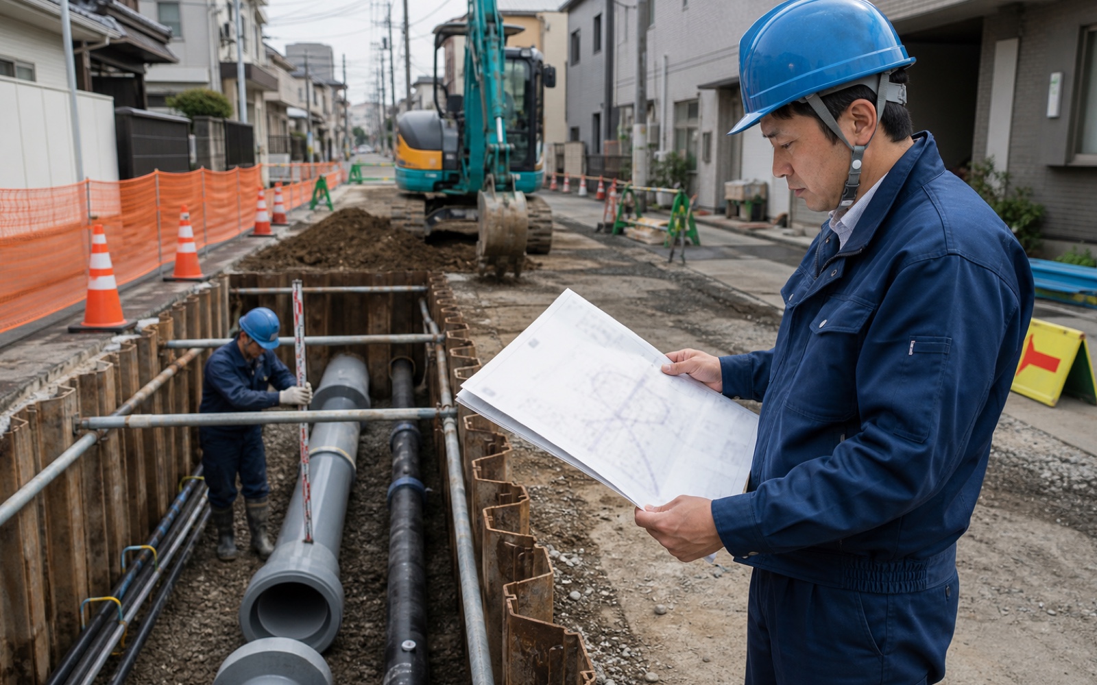 掘削したトレンチの脇で図面を確認する現場作業員