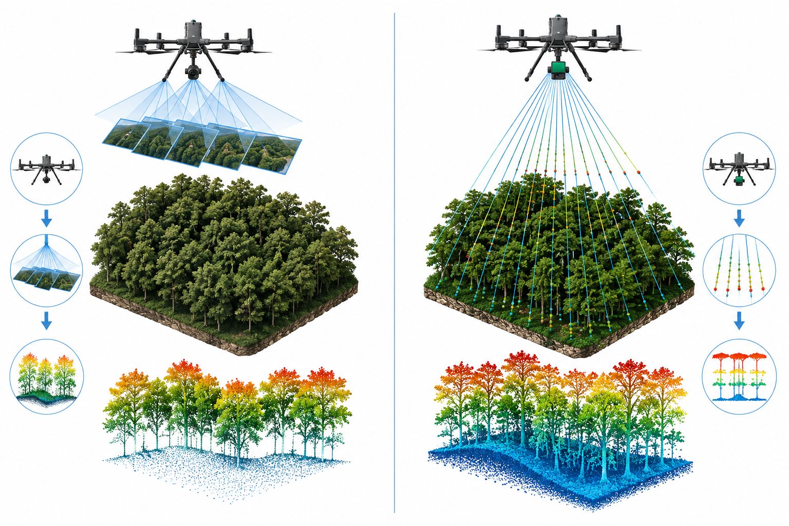 写真測量（SfM）とLiDARの計測イメージ比較：LiDARは植生を透過して地表面を取得できる