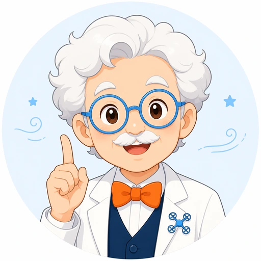 白衣に青いめがね、オレンジの蝶ネクタイをつけたスカイ博士のイラスト