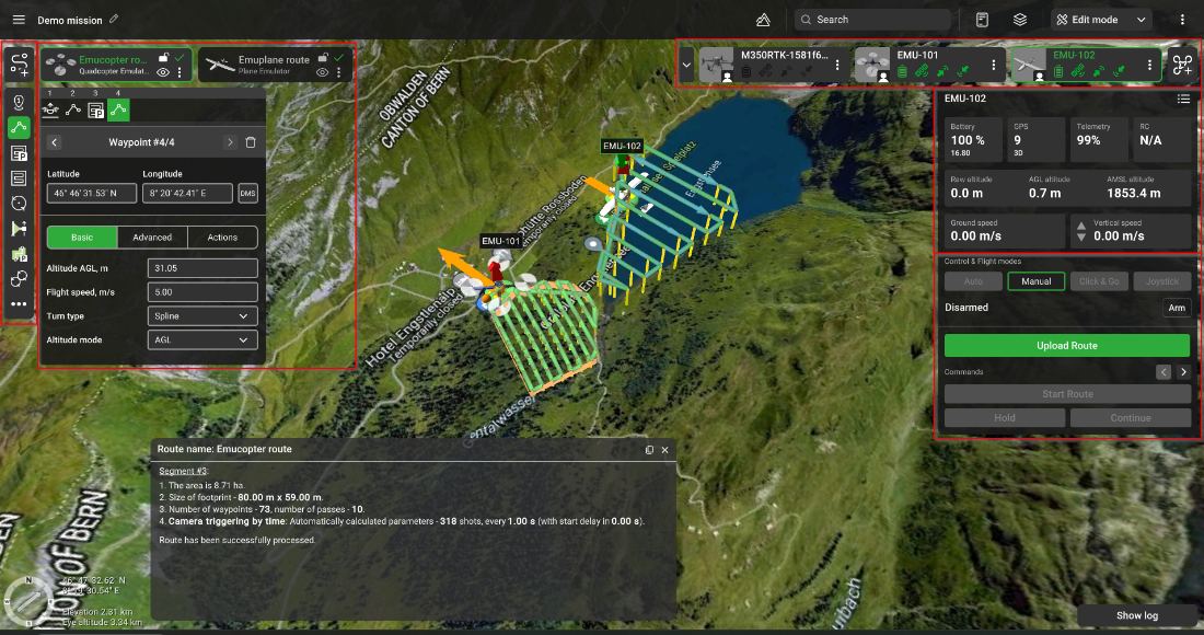 UgCS のメイン画面。3Dマップ上に飛行ルートが表示され、左にパラメータパネル、右に機体のテレメトリが並ぶ