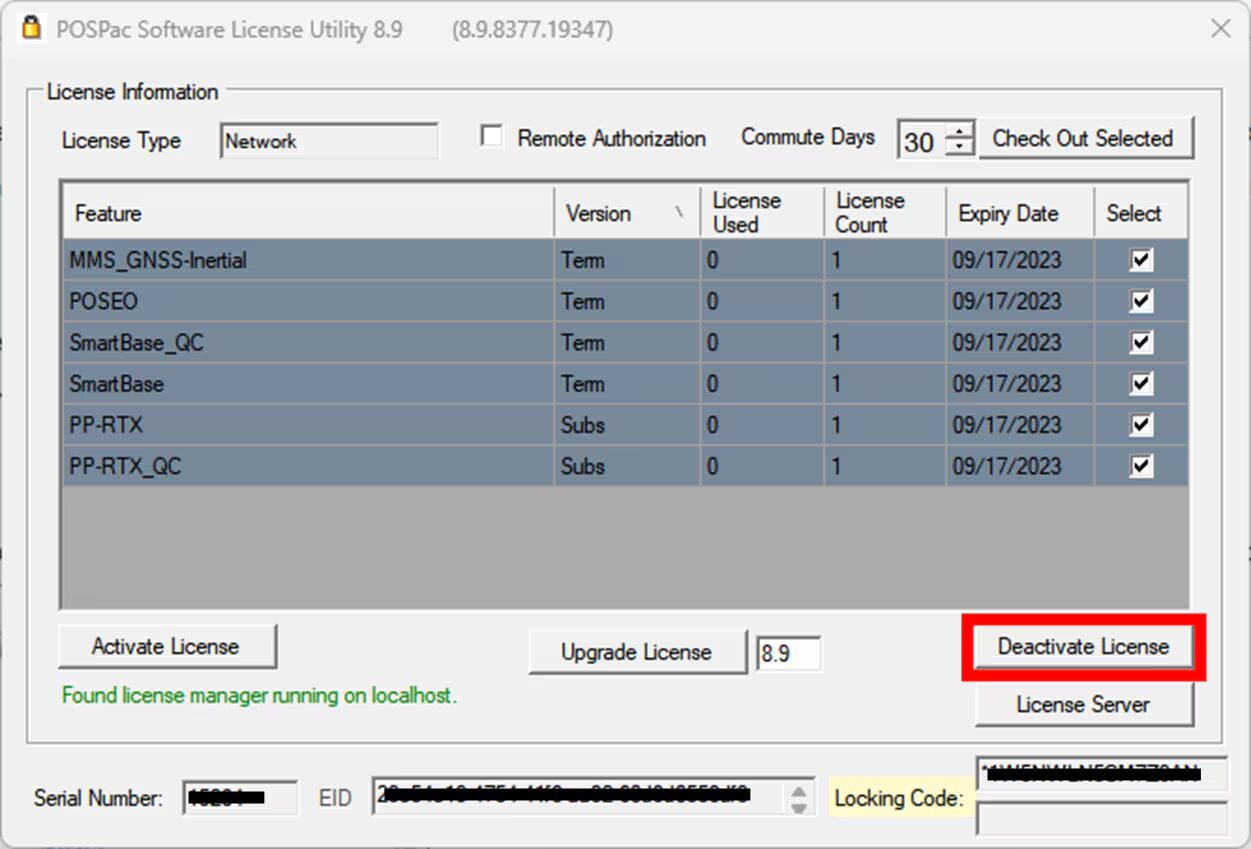 Software License Utilityの画面。featureごとの[Select]欄と[Deactivate License]ボタン