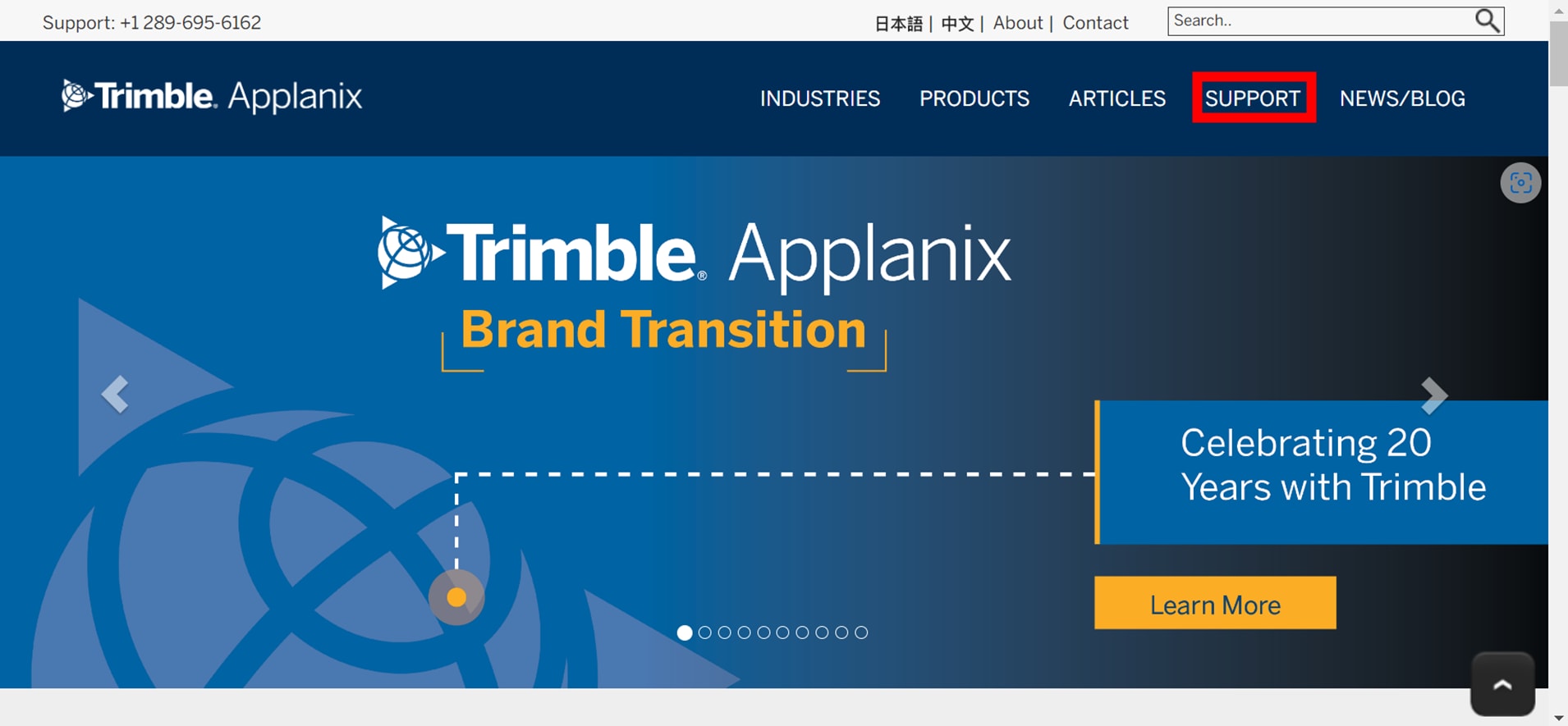 Trimble Applanix公式サイト上部メニューの[SUPPORT]の位置
