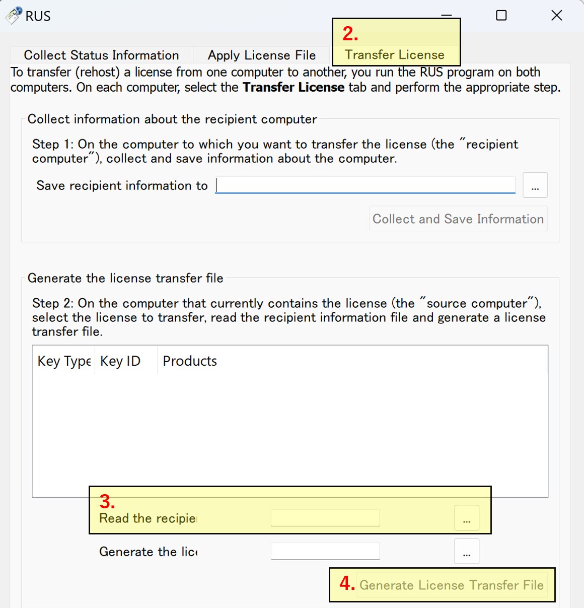 移管元PCのLicense Manager。[Read the recipient information file from]で.idファイルを選択する画面