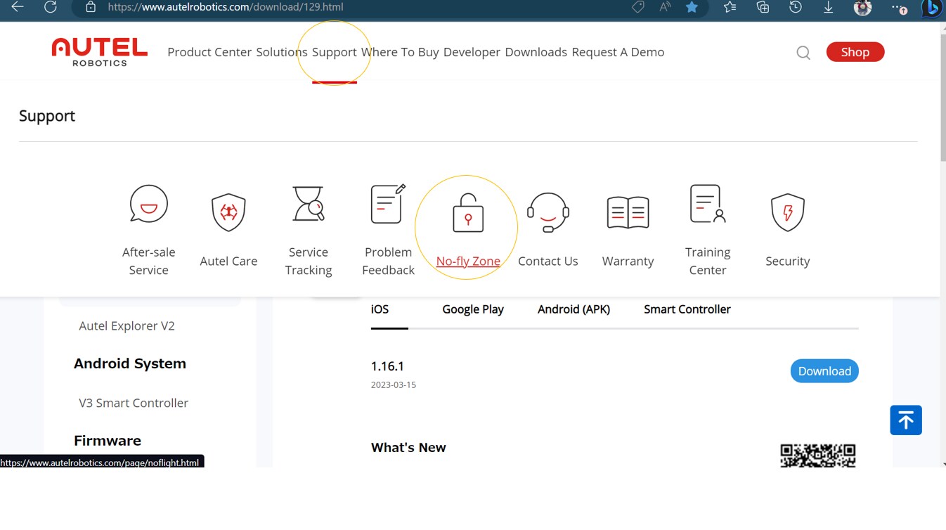 Autel Robotics公式サイトのトップメニューからNo-Fly-Zoneを選択する画面