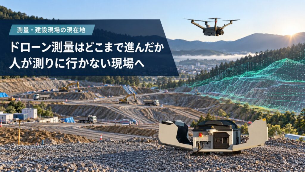 ドローン測量はどこまで進んだか。建設現場を背景に、飛行中のドローンと開いたドックを配置した構成イメージ