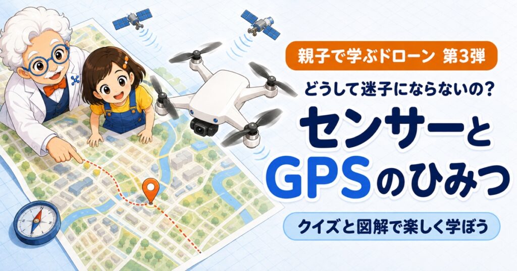 スカイ博士とひなたが地図を見下ろし、斜め上を飛ぶドローンのセンサーとGPSの仕組みを学ぶ第3弾のヒーロー画像