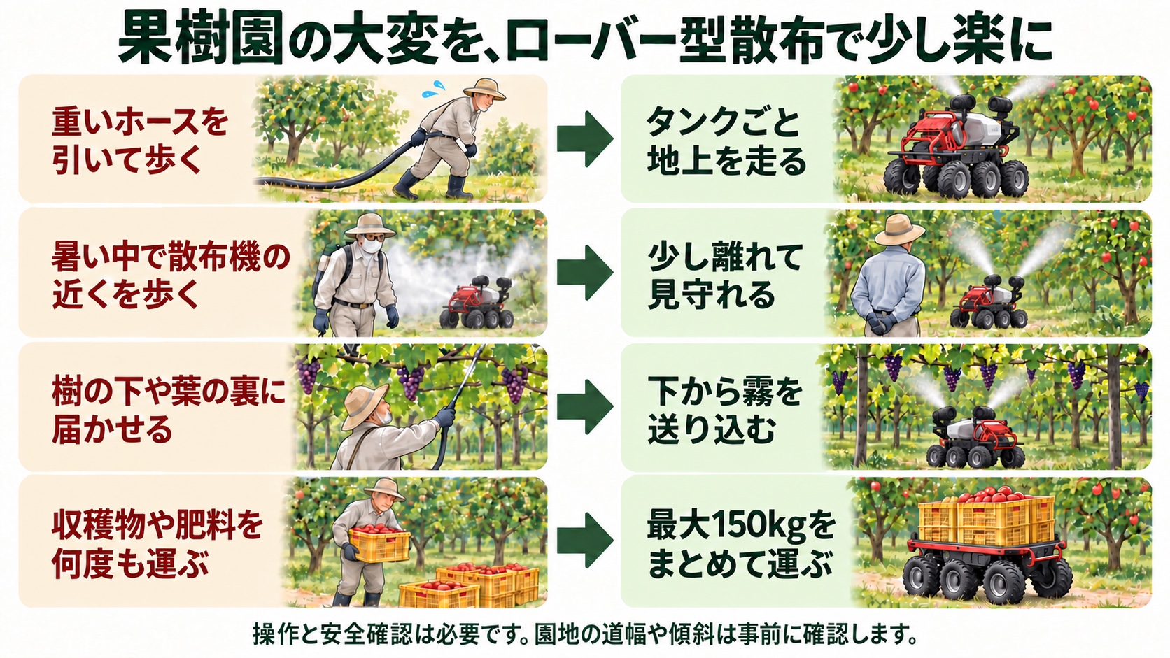 重いホースの移動、暑い中での散布、樹の下への散布、収穫物の運搬をローバーが助ける様子を4段で示した図解