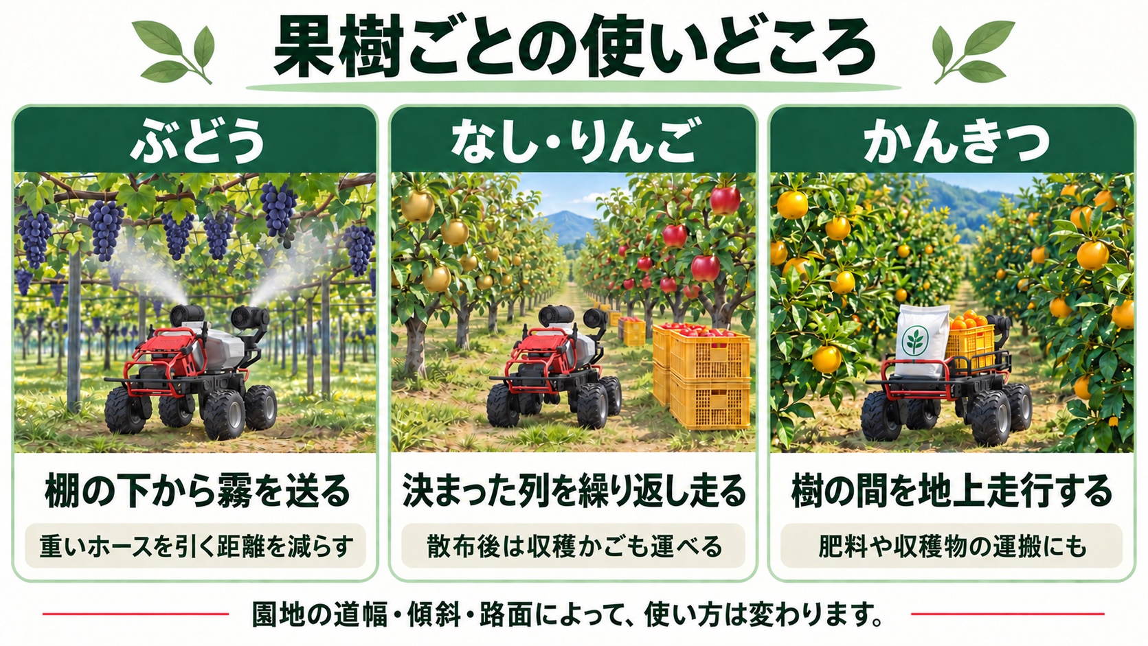 ぶどうでは棚の下から霧を送り、なし・りんごでは決まった列を走り、かんきつでは肥料や収穫物も運ぶ使い方を示した図解