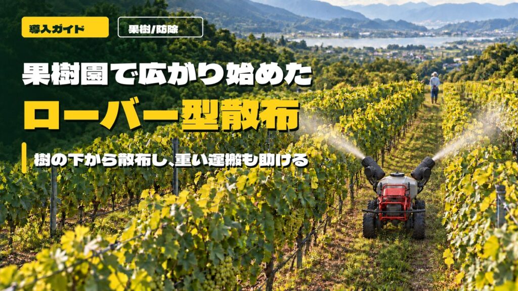 果樹園を走るローバー型散布機と『果樹園で広がり始めた ローバー型散布』の見出し