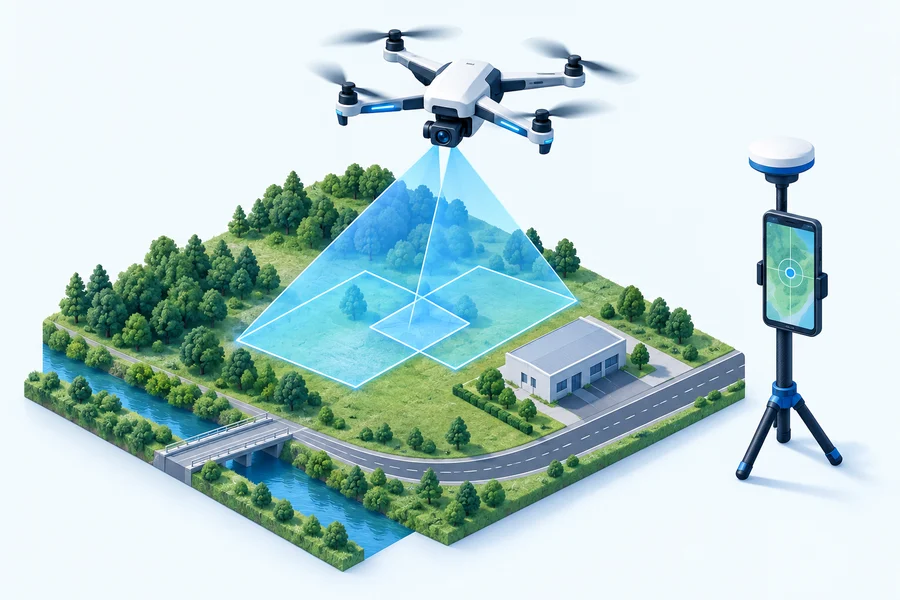 ドローンによる空撮とスマートフォン・RTKによる現場データ取得のイメージ