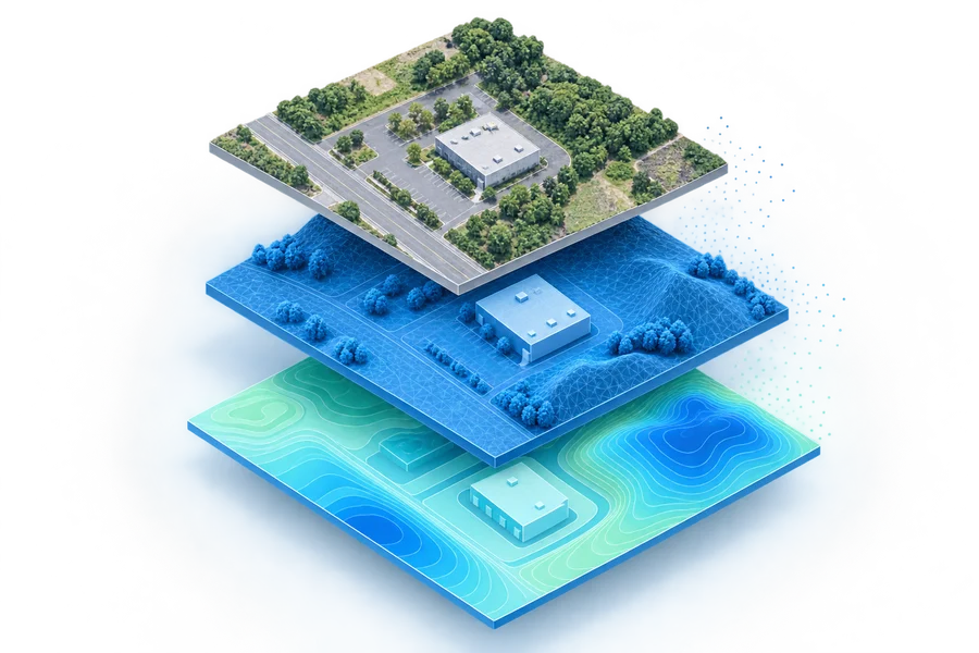 オルソ画像、3Dモデル、高さを表す地形データの成果物イメージ