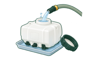 取り外した薬液タンクを水で洗浄するイラスト